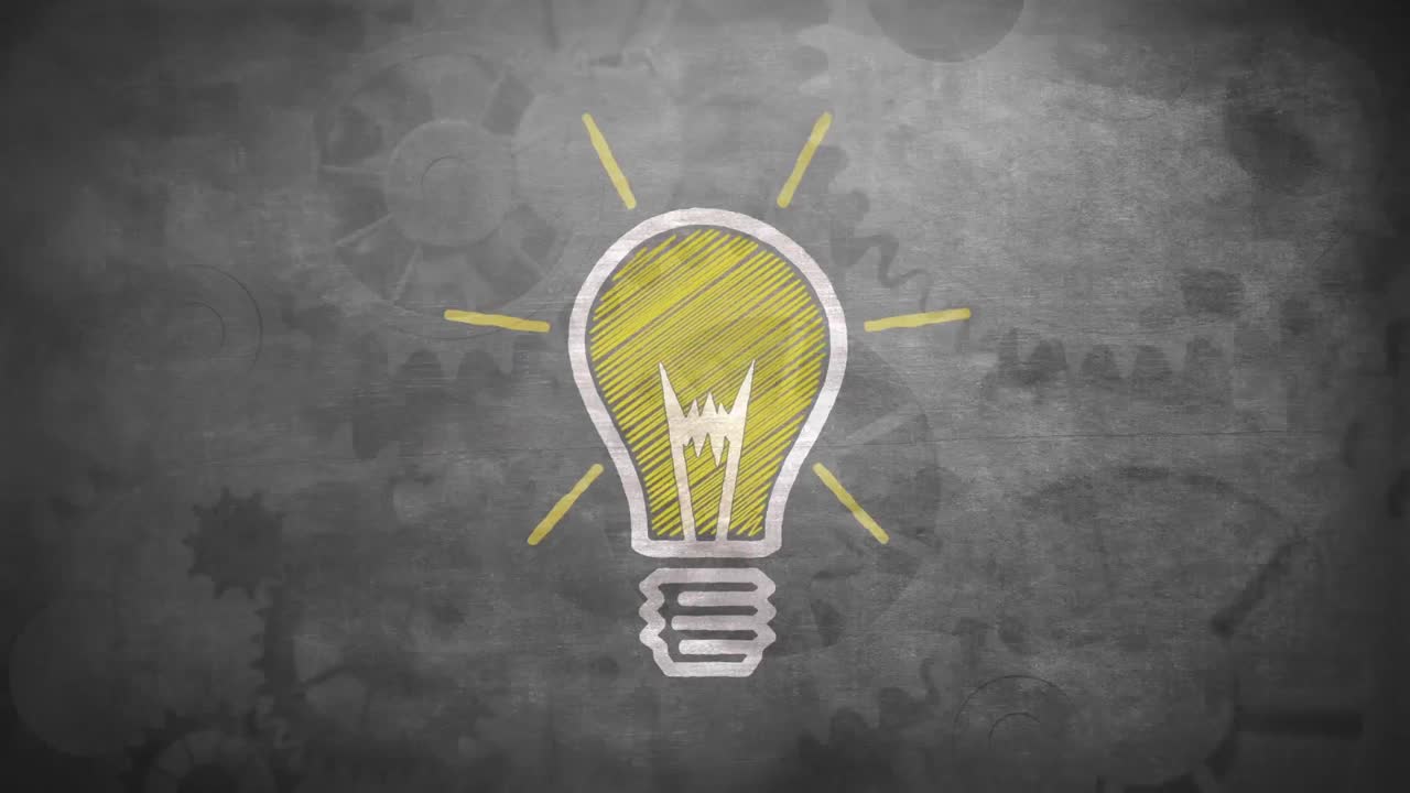 animación de una bombilla con engranajes en movimiento en el fondo