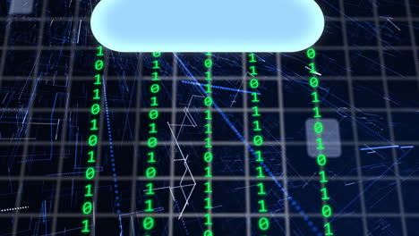 animation of digital icons and binary coding data processing over dark background