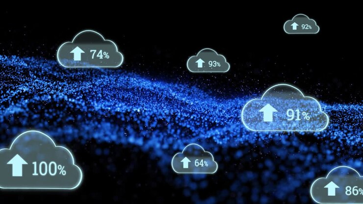 Animation of cloud icons with increasing percentage and blue digital wave on black background