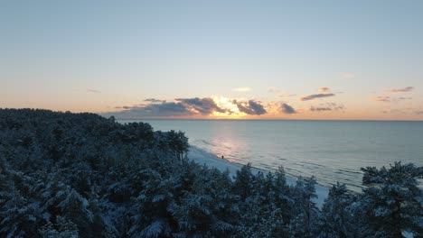 Aerial-establishing-footage-of-trees-covered-with-snow,-winter-day-before-the-sunset,-golden-hour,-Nordic-woodland-pine-tree-forest,-Baltic-sea-coast,-wide-drone-shot-moving-forward-over-the-tree-tops