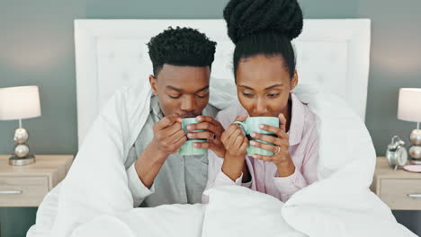 Happy,-couple-and-coffee-in-bed-of-black-people