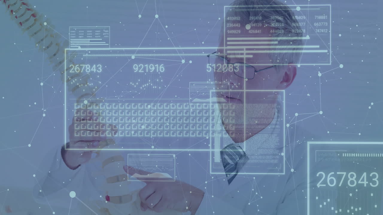 mature male doctor examining spinal model in health lab, with holographic charts and network nodes
