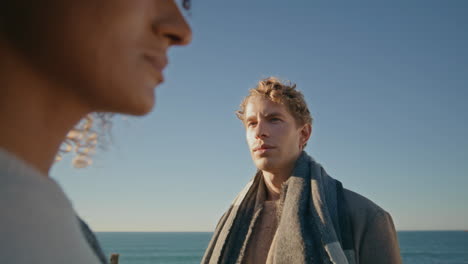 frustrated man contemplating breakup at coast closeup. couple feeling offended