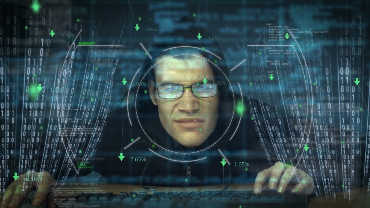 animación de procesamiento de datos y escaneo de alcance sobre hacker masculino caucásico
