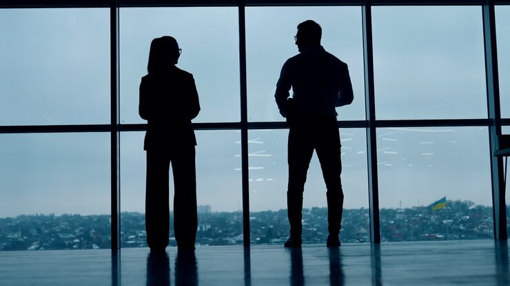 Two full-length silhouettes standing at the window. Male and female stand back to the camera looking at panoramic window.