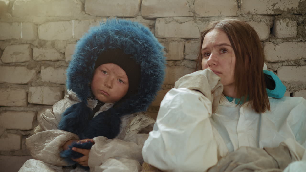 Cast away in oversized coat with blue fur hood sits beside young woman leaning on bundled fabric, both appearing hungry, tired, and emotionally distressed while resting against rough brick wall