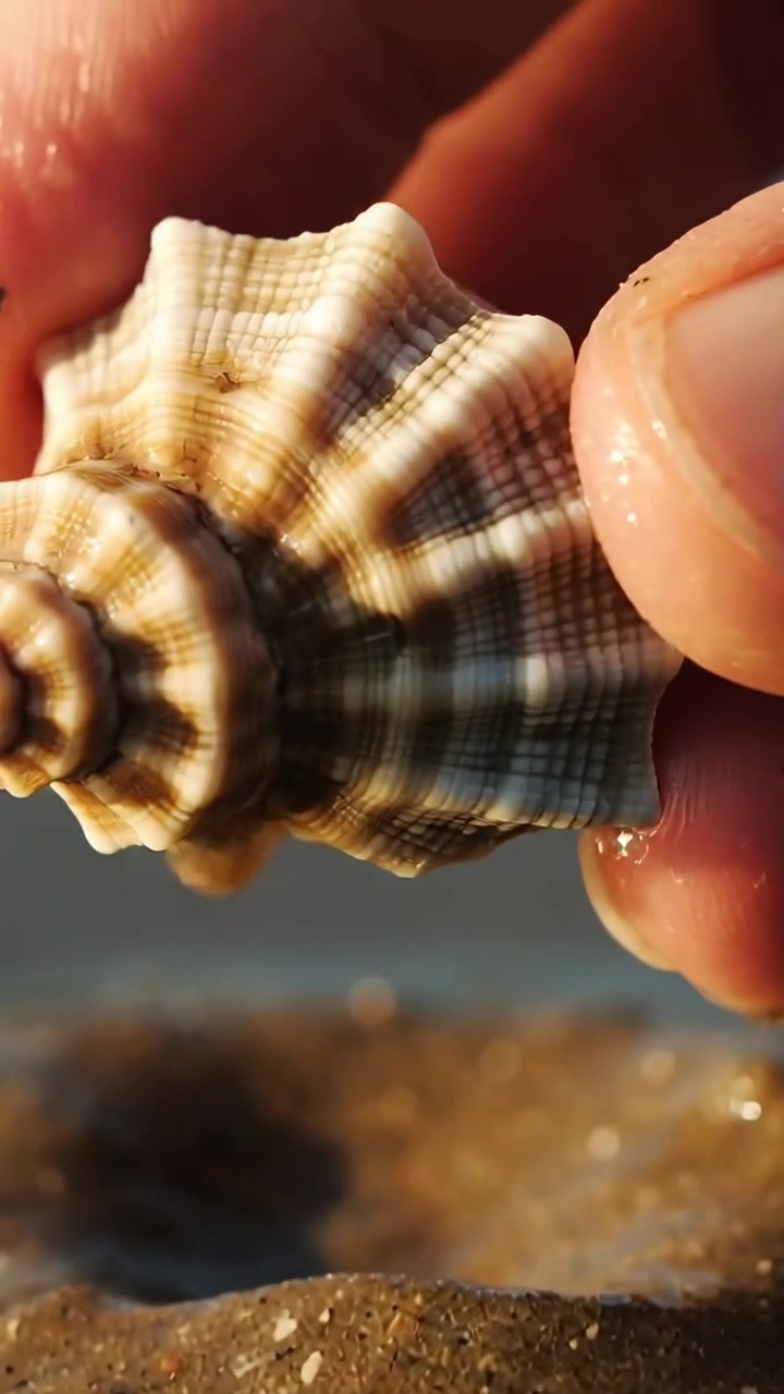 Vertical video: Approaching adult hand pinching and rotating spiral shell on wet sand for viewing