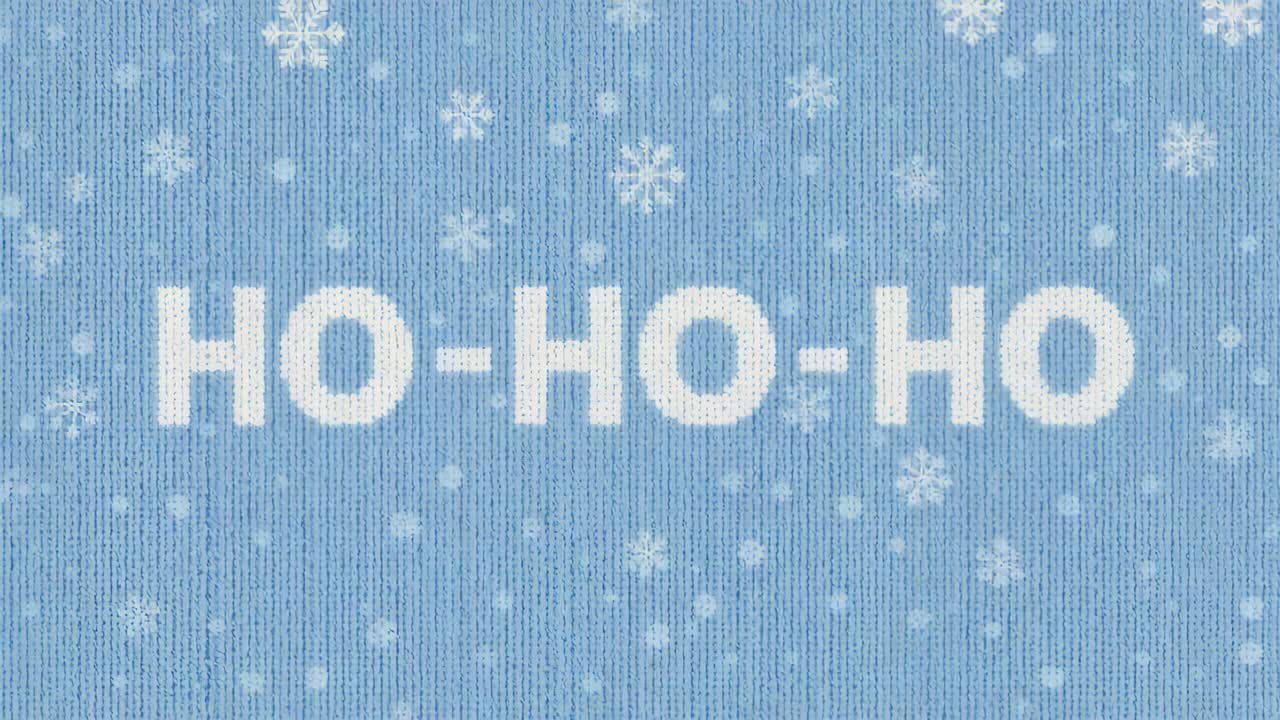 Loop starting, falling snowflakes drifting across centered white HO-HO-HO text on light blue knit