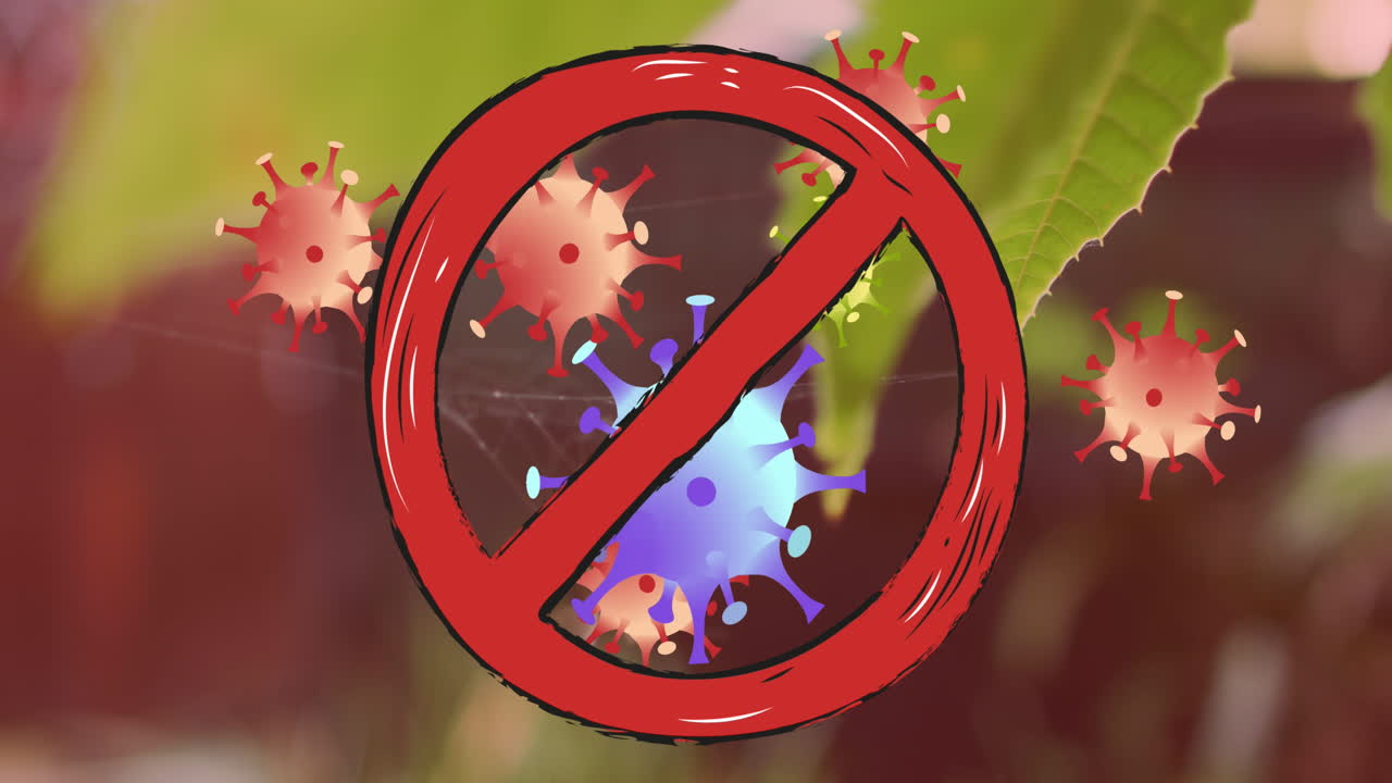 símbolo de parada sobre las células de covid-19 iconos flotando contra el mosquito en una telaraña en las hojas de los árboles