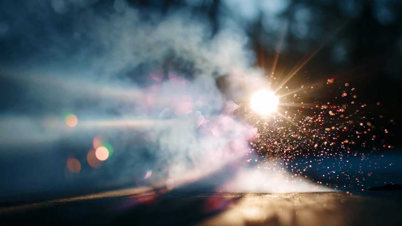 A Captivating Display of Light and Smoke: Exploring the Dance of Sunlight Through Mist and Sparkles in an Enchanting Natural Setting