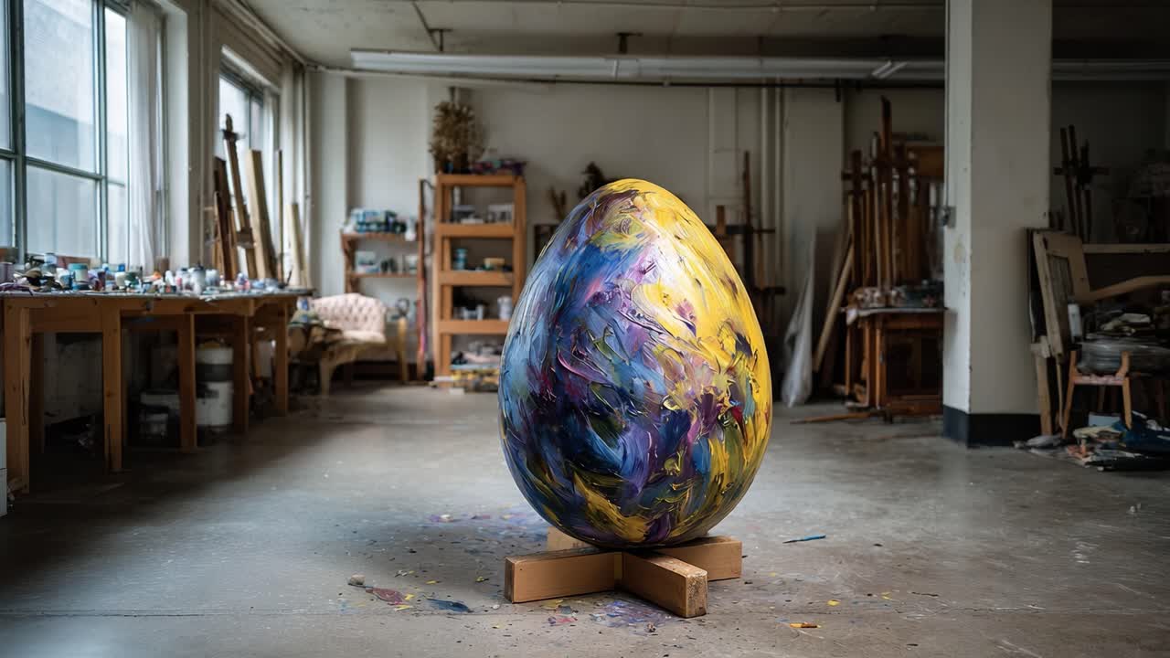 A Vibrant Artistic Egg Sculpture Displayed in an Art Studio, Showcasing Colorful Brushwork and Unique Textures in a Creative Environment