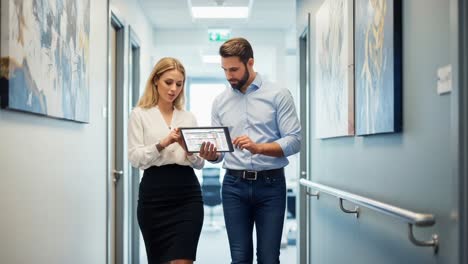 professional duo collaborating on a project in a contemporary office hallway, engaging with digital tablet and discussing important information