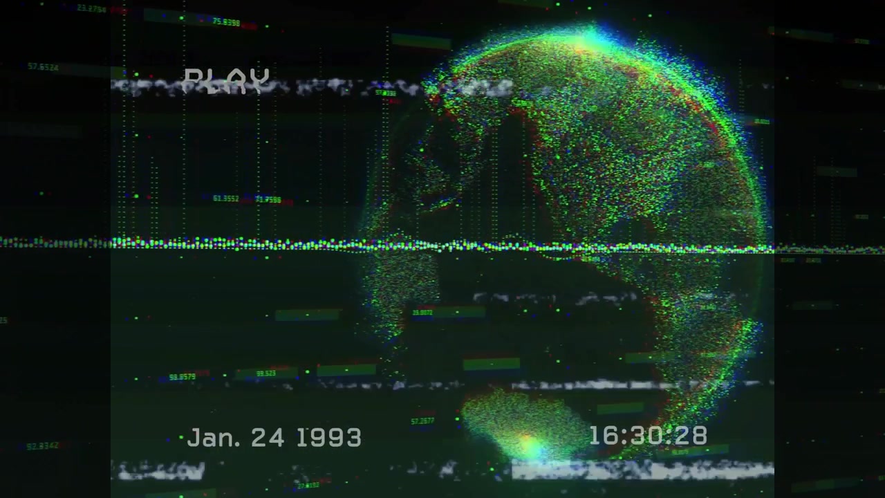 Pixelated globe spinning on glitch screen, scan lines, noise bars, PLAY icon, date time overlays