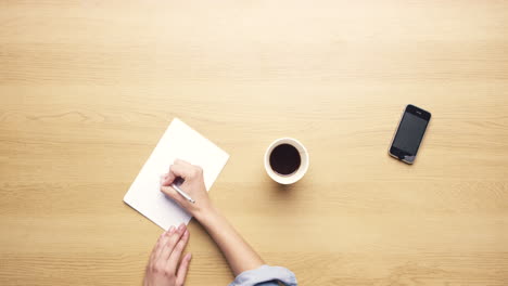 person working at a desk with coffee, notebook, and phone.