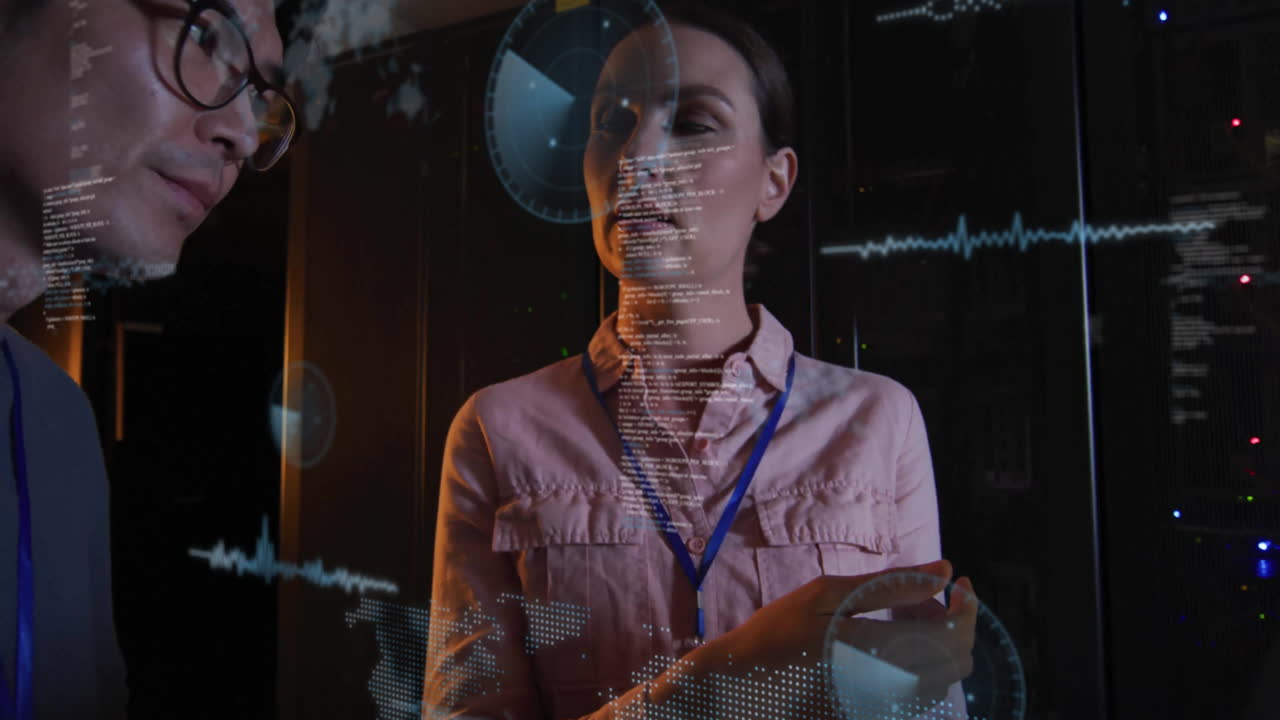 Analyzing digital data projections, woman in dark office environment with animation