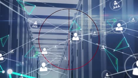 animation of network of connections and data processing over server room