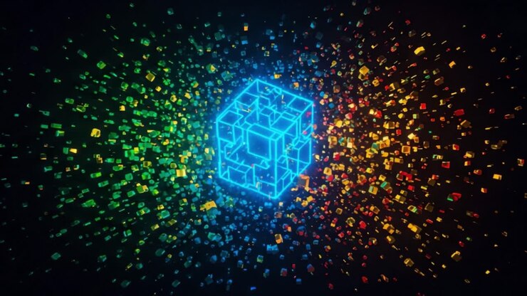 En levende digital terning omgivet af en farverig eksplosion af partikler, der skaber en iøjnefaldende visuel oplevelse i et futuristisk miljø.