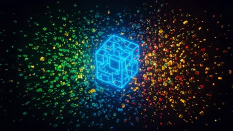 a vibrant digital cube surrounded by a colorful explosion of particles, creating an eye-catching visual experience in a futuristic setting