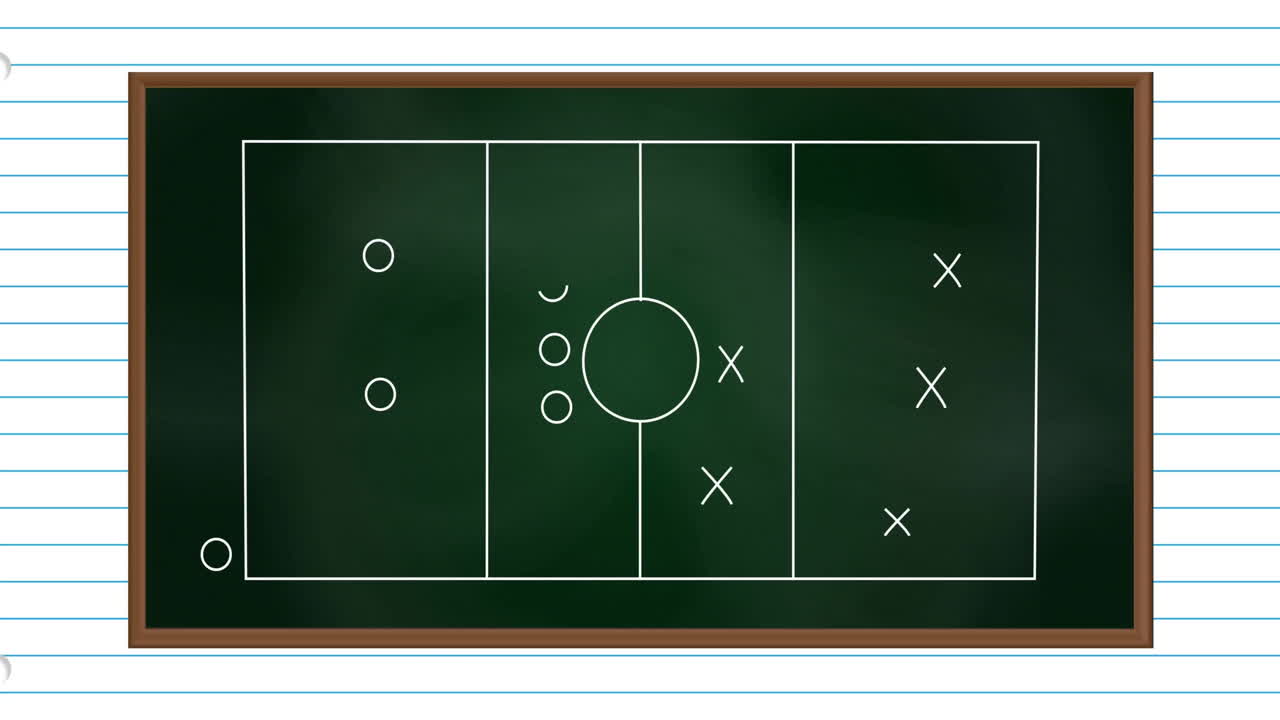 게임 전략의 애니메이션은 스포츠 필드에 라인 된 종이 배경에 그려져 있습니다.