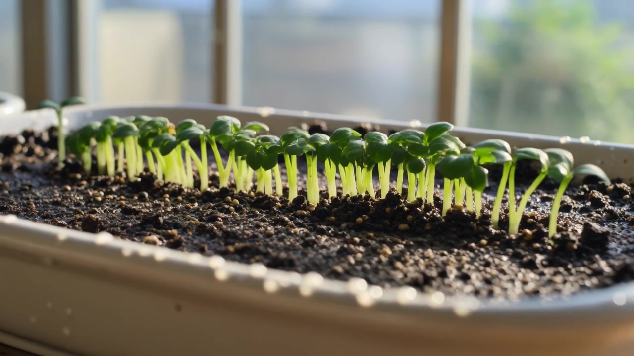Keimende Samenpellets reagieren auf warmes Fensterlicht und bilden dichte Sämlinge in einer weißen Schale.