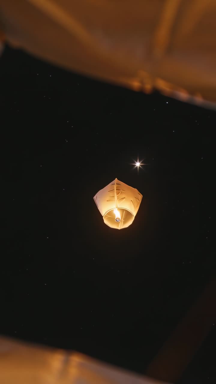 Lanterna di carta volante che si alza da una fiamma interna, ruotando sotto una stella luminosa per il lancio durante un festival