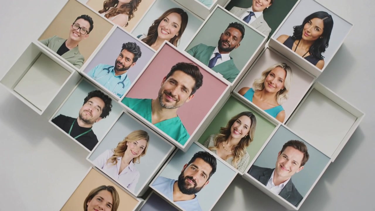 Câmera iniciando um movimento panorâmico, mostrando escaninhos com fotos no saguão para exibir a lista de funcionários, com um retrato central em uniforme médico.