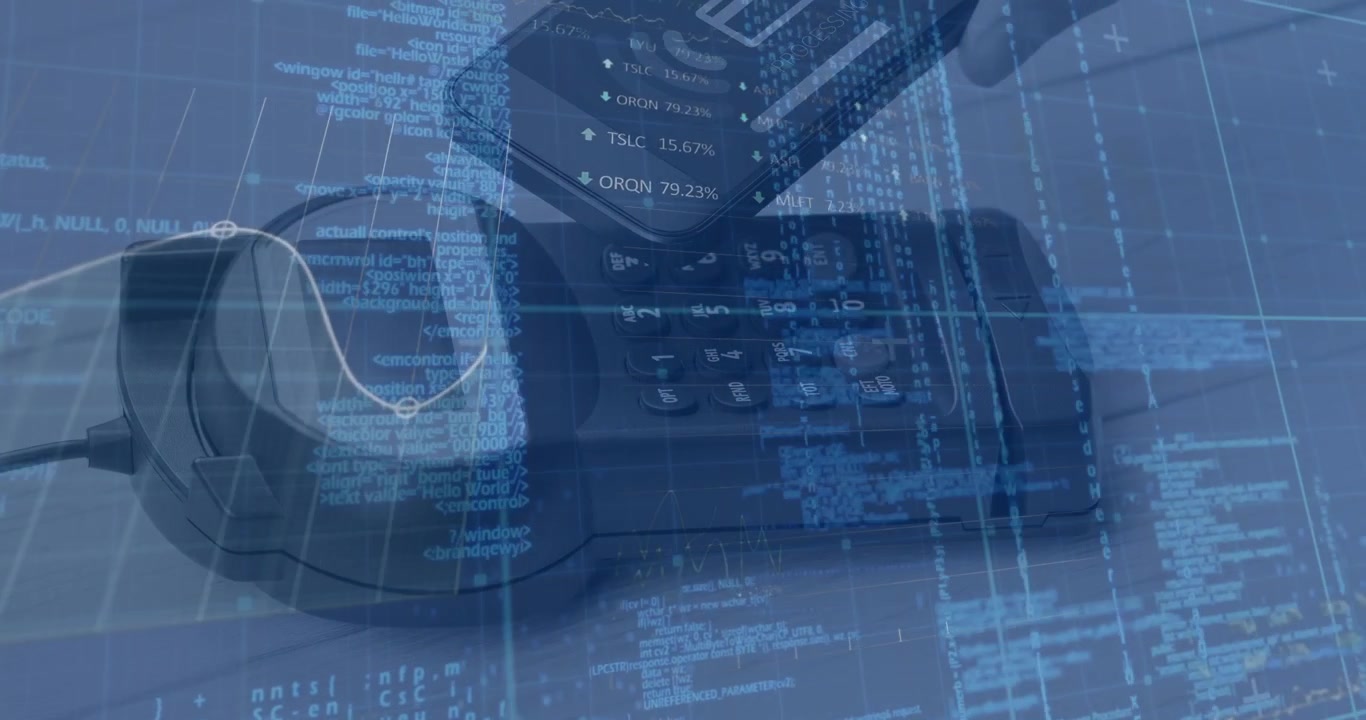 Animation of data processing over close up of a hand using smartphone to make a payment