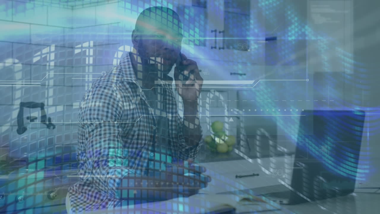 Animation of digital data processing over african american man using smartphone