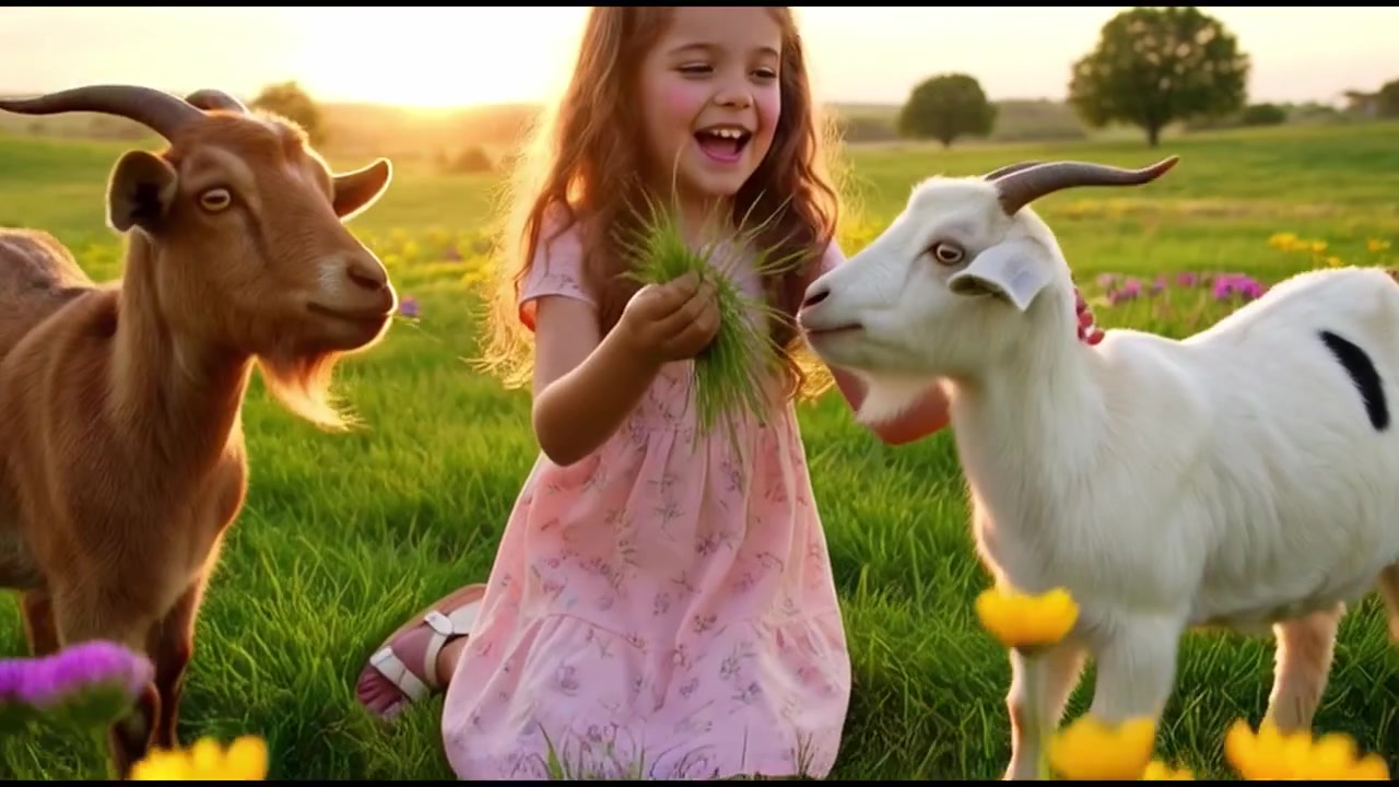 Menina Feliz Alimentando Cabras em um Prado Ensolarado