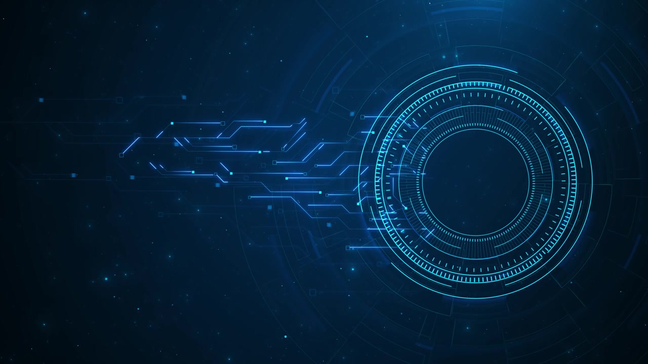 Blå cirkulær interface teknologi baggrund med HUD-ringe, kredsløbslinjer, glødende noder, sci-fi rum og AI.