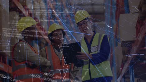 animation of statistics and data processing over diverse people working in warehouse
