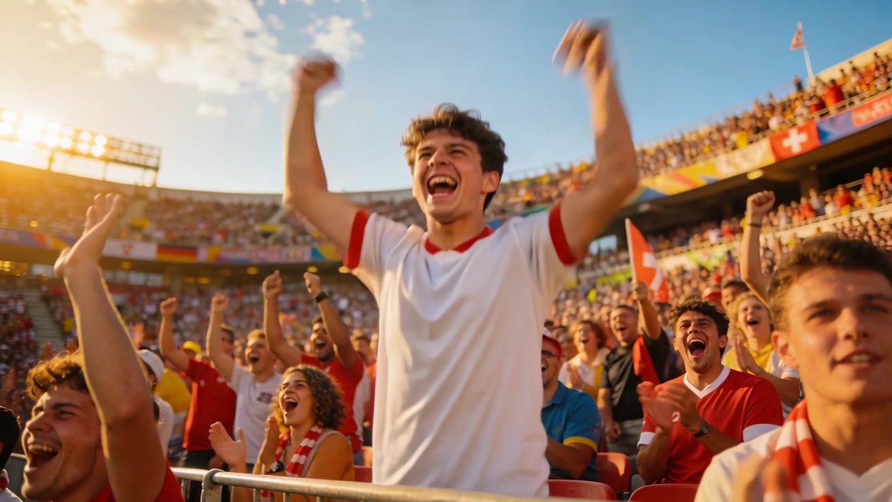 Adolescente animando vistiendo camiseta blanca con ribete rojo, apoyado en una barandilla de metal, agitando los puños en un estadio abarrotado