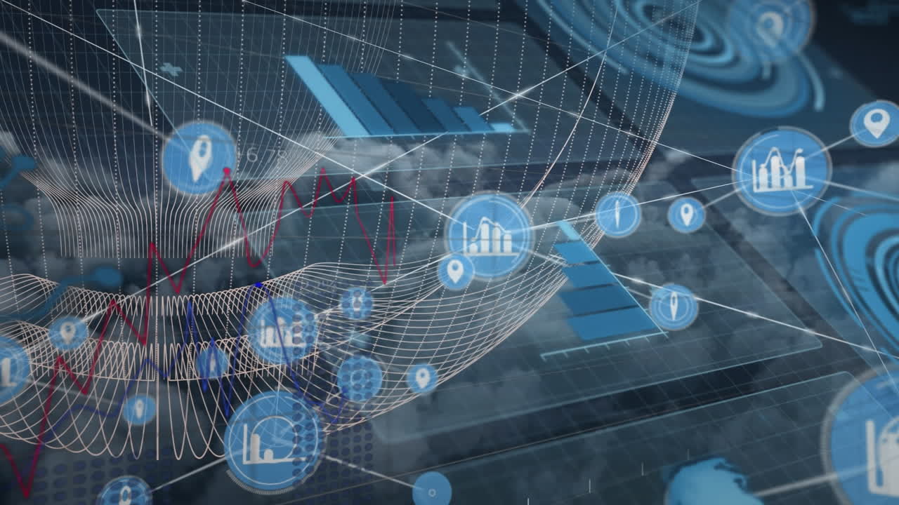 Animation of network of connections with icons over digital screens