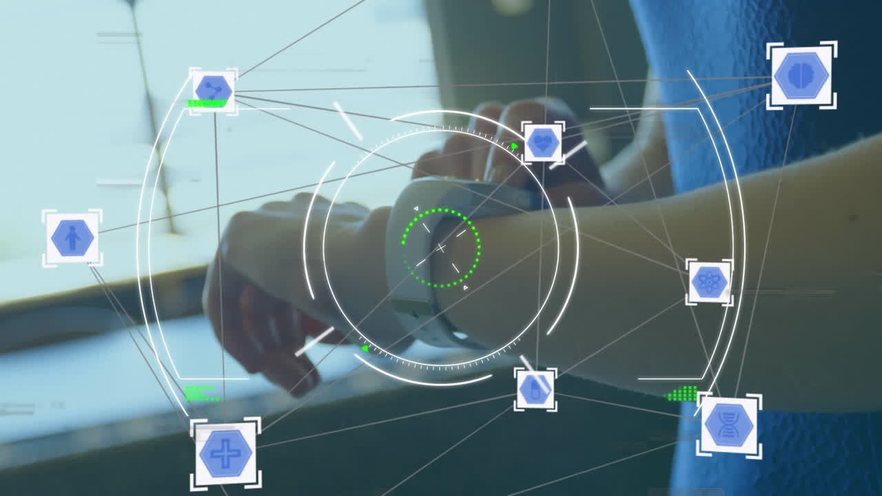 Web of connections icons and scope scanning against woman using smartphone
