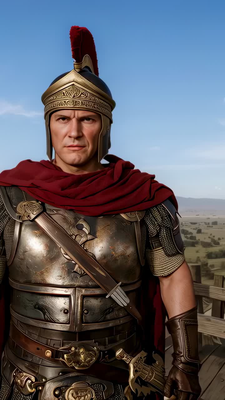 Vertical video: Scanning soldier turning head on wall as camera pans with plumed helm, cloak, sword