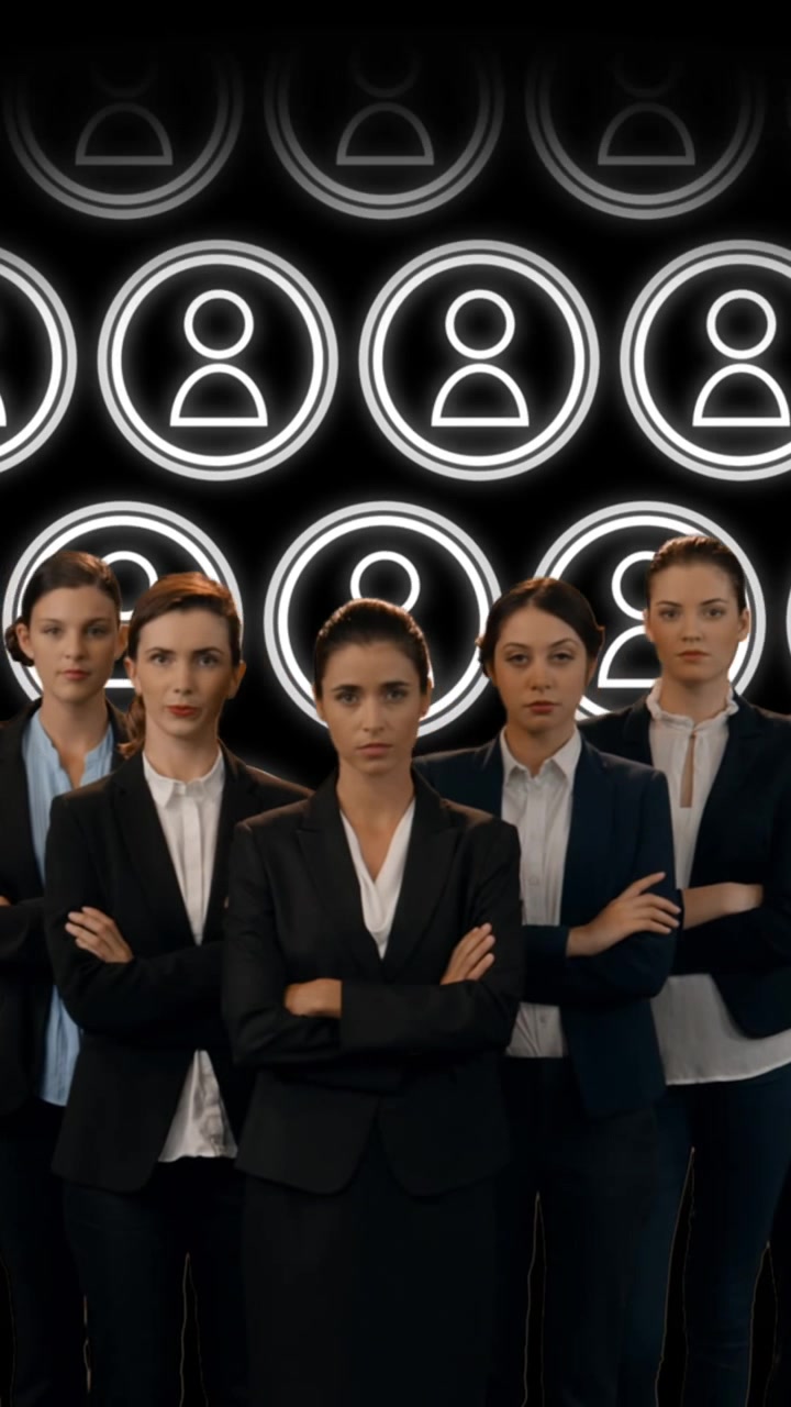 Animation of diverse business people over icons on black background