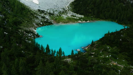 hidden glacial lake sorapis, aerial view of dolomites