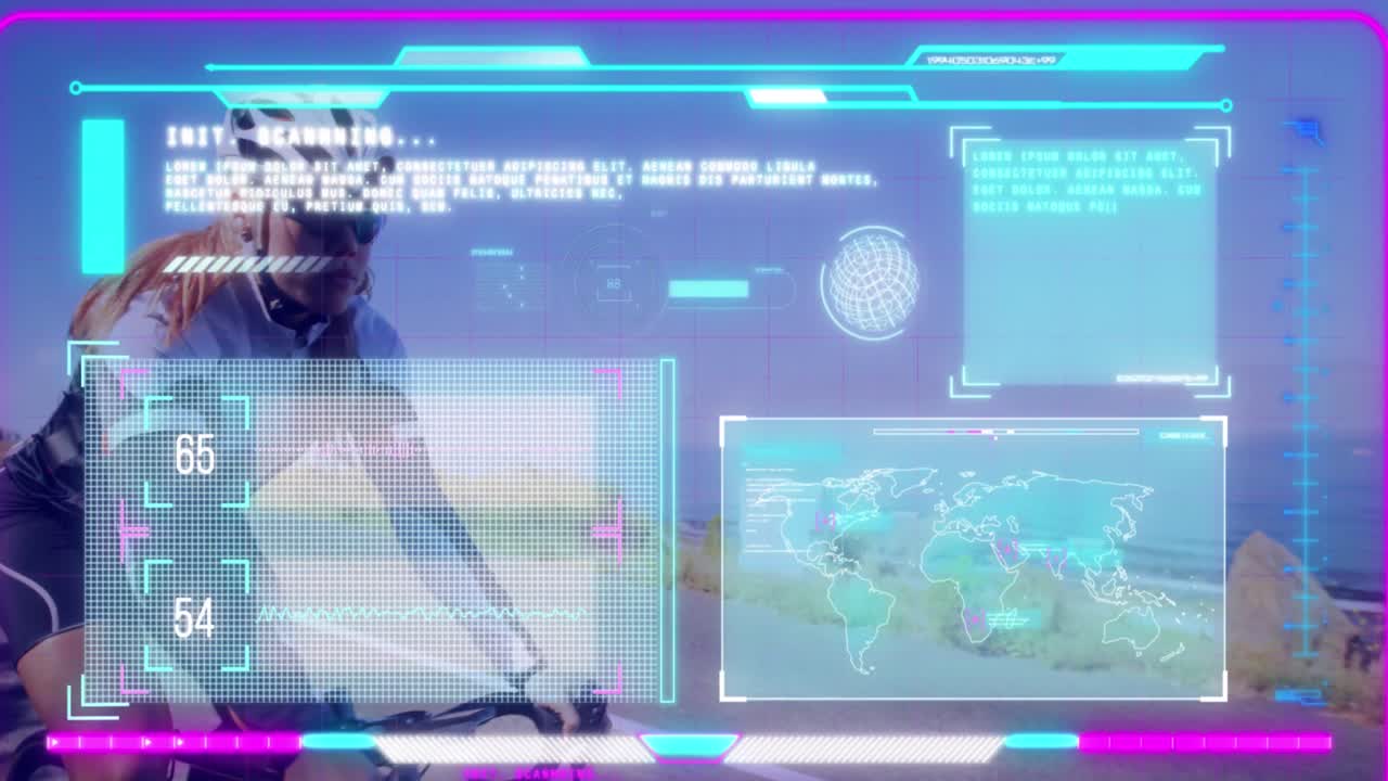 animación del procesamiento de datos sobre la mujer caucásica en bicicleta