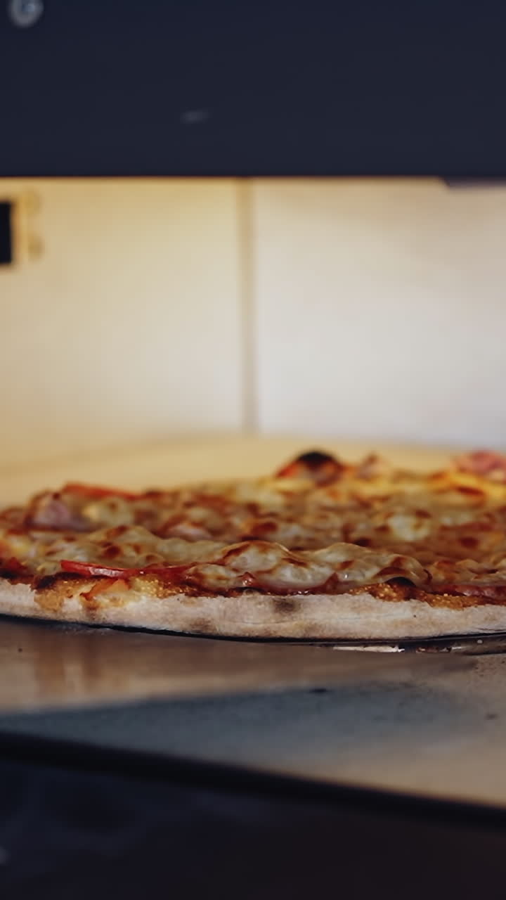 Pizza is getting ready in oven. Chef opening oven door and checking pizza readiness. Cook checks pizza for readiness using the pizza ring. Vertical video