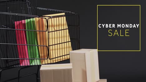 animation of cyber monday sale text over shopping trolley