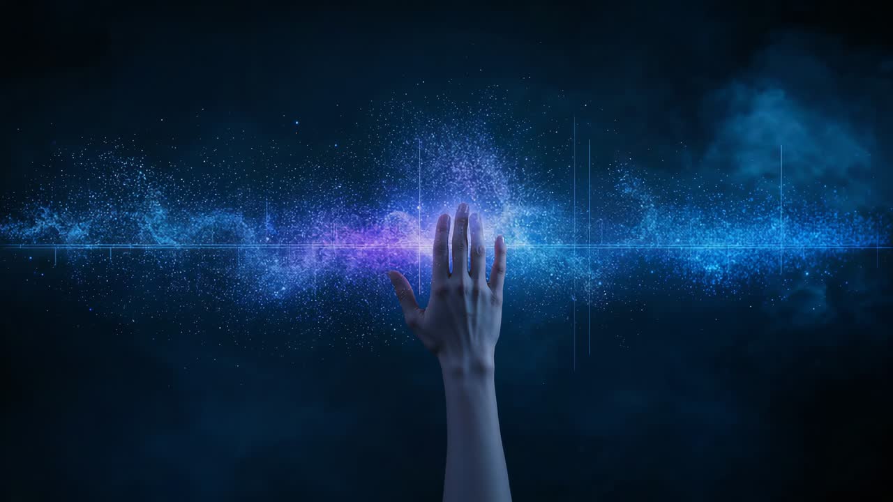 Entering bare forearm and hand touching horizontal waveform in deep space, amplifying energy orb