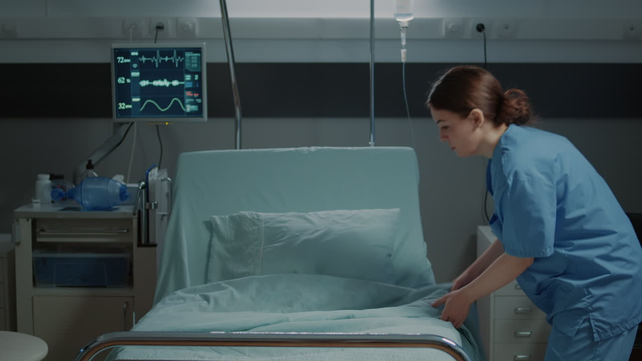 медицинская сестра организует одеяло и подушку на больничной постели