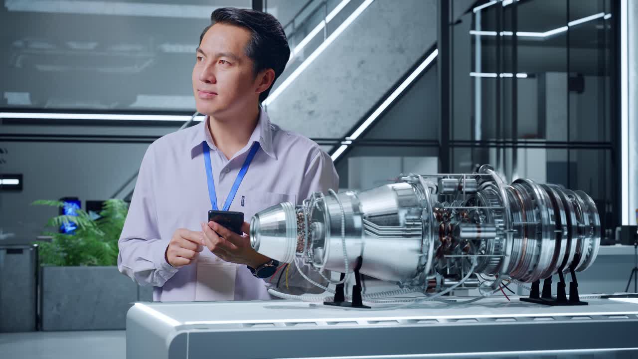 현대적 인 실험실 에서 제트 엔진 모델 을 조사 하는 엔지니어