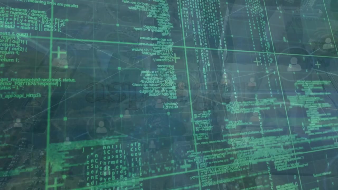 Animation of data processing and network of connections over cityscape