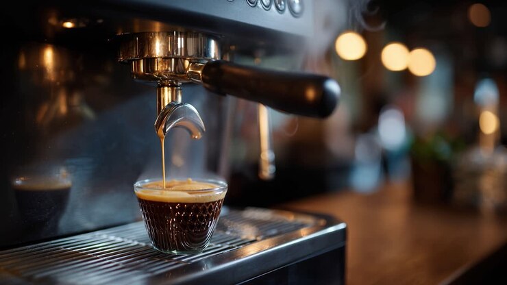 Coffee streams into a clear glass, steaming softly. Dark espresso drips with precision, capturing the moment. Barista's artistry is evident in each drop, every pour. Ideal for cafe scenes