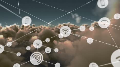 animación de una red de iconos digitales contra nubes oscuras en el cielo