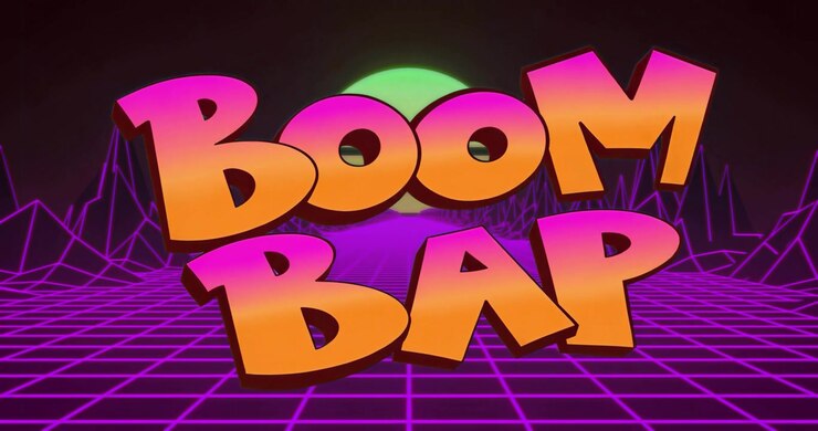 BOOM BAP-bogstaver med gradient-udtoning over neon-gitter og statiske bjerge for en retro-stemning
