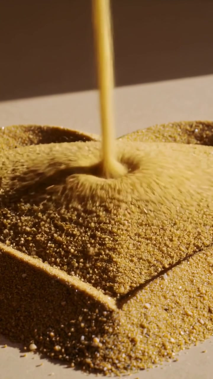 Vertical video: Pouring gold granules building geometric mound on pale table, creating ridges