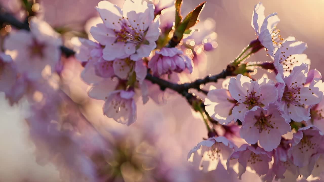 The video captures delicate cherry blossoms in soft focus, emphasizing tranquility and natural