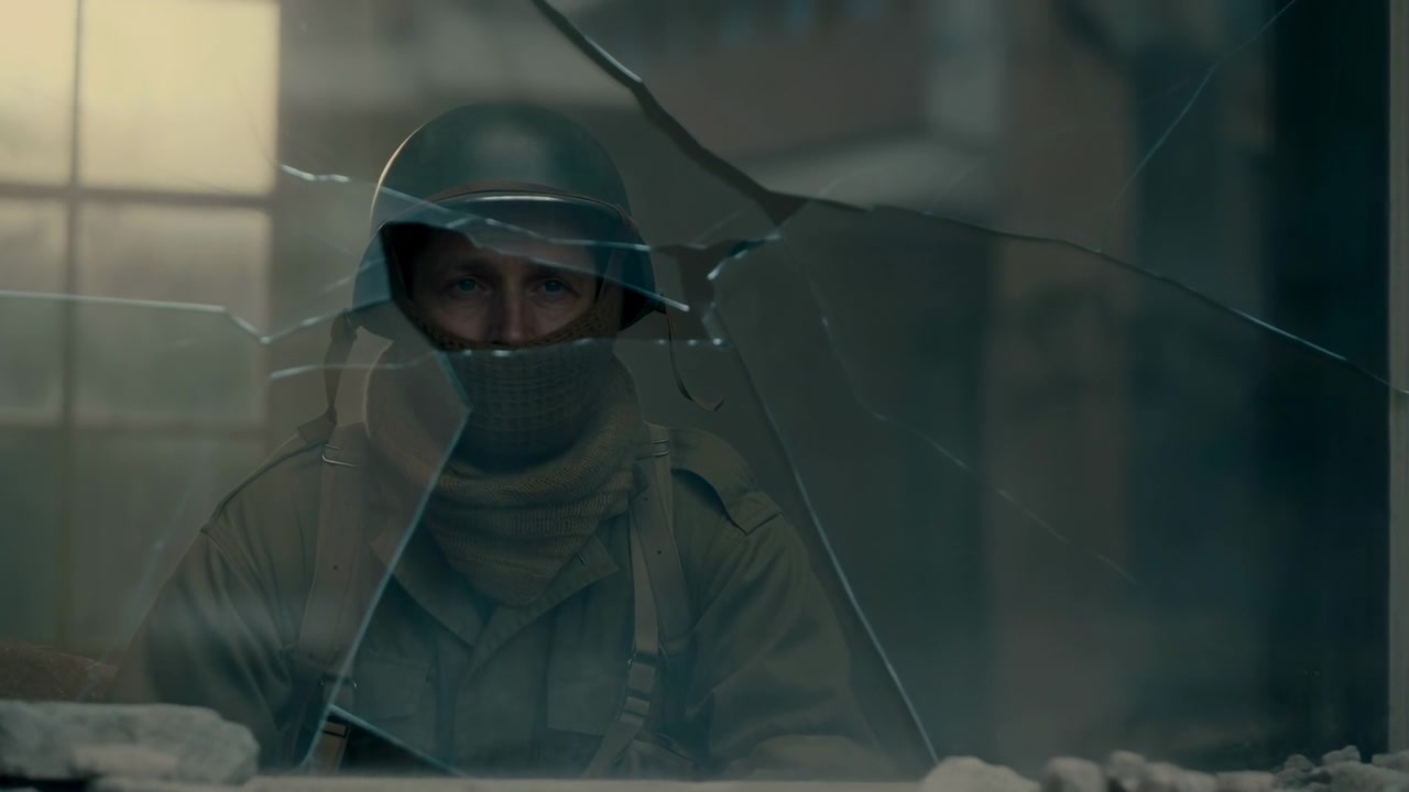 Stationary soldier framed by large jagged hole in cracked glass, wearing metal helmet and knit scarf pulled up to cover lower face with uniform straps visible on shoulders and chest